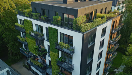 Green living wall on the exterior of a modern apartment building with green plants for energy efficiency and carbon absorption, a creative banner concept about an eco-friendly lifestyle, ecology-focused construction, and urban design. Real photo. --ar 53:30 --v 6.1 Job ID: f7d7ecd8-0946-4ffb-b14a-3935cfdaa449の素材