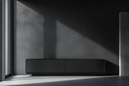 Modern interior design, a black wall with a sofa and sideboard, an empty space for a mockup or advertising, minimalist home decor. A minimalist living room in a dark gray color. --ar 3:2 --v 6.1 Job ID: 5e5cb2d8-a43c-4152-8477-9d2eba7a1726の素材