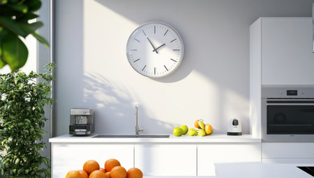 A kitchen scene with white cabinets, a large clock on the wall, and light shining in from outside through an open window. On one side of the counter are fruits, while behind it stand modern appliances like ovens and microwaves. The style should be minimalist, with bright lighting and a focus on natural colors. The camera angle captures the entire space, showcasing the sleek design of both interior elements and kitchen equipment. --ar 53:30 --v 6.1 Job ID: 5da646ef-2a74-450e-a867-be7f5eb9b43aの素材