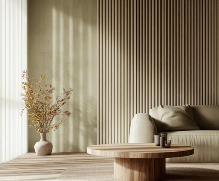 Minimalist living room with olive green walls and light wood accents, showcasing an elegant sofa, round coffee table, wooden floor, and decorative plants. A close-up view of the wall reveals vertical slats for window coverings. The space exudes tranquility through its clean lines and muted color palette. Photorealistic rendering, high resolution. --ar 6:5 --v 6.1 Job ID: 79e70223-2325-4e7b-b88e-14dfaf990707の素材