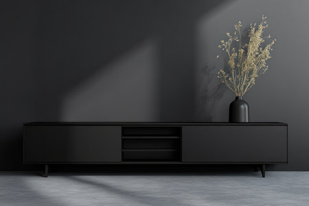 Minimalist black living room interior with sofa and sideboard mockup, dark gray wall background, 3D rendering. --ar 3:2 --v 6.1 Job ID: 5a6707ec-f225-45ef-9749-4396d1c8d51fの素材
