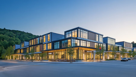 A contemporary mixed-use development with five apartment buildings and three commercial podiums, located in the Montecito hamlet of Williamstown, New Hampshire. The design features large glass facades to capture natural light while maintaining an overall minimalist aesthetic. A series of outdoor seating areas provide space for socializing during warm weather. Set against a backdrop of forested hills at dusk, this architectural masterpiece is captured from across the street by a professional architecture photographer in the style of [Artist name]. --ar 53:30 --v 6.1 Job ID: 0a8d730f-949c-43fe-8600-11c0904b1a40の素材
