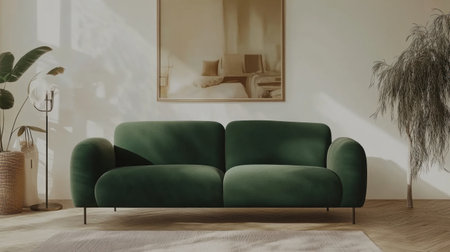 Modern interior design of the living room in white with a green sofa, mirror, and metal chandelier. French-style home decor with a decorative wall painting and wooden floor tiles. A minimalist space for a social media post or magazine cover. --chaos 30 --ar 16:9 --v 6.1 Job ID: 49d05e93-c827-4a41-a487-ed05b4d9b018の素材