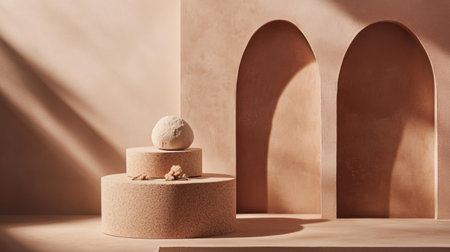 Minimal abstract background for product presentation, a beige podium with three different circles and arched shadows on the wall, and soft lighting. --chaos 30 --ar 16:9 --v 6.1 Job ID: 6e36ce1d-661d-43a4-9b76-bd51d73cdb74の素材