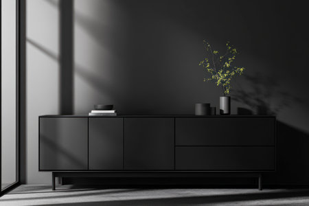Minimalist black living room interior with sofa and sideboard mockup, dark gray wall background, 3D rendering. --ar 3:2 --v 6.1 Job ID: 5a6707ec-f225-45ef-9749-4396d1c8d51fの素材
