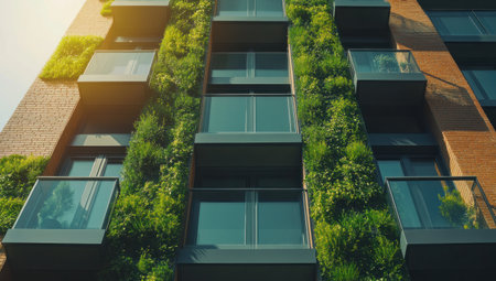 Green living wall on the exterior of a modern apartment building with green plants for energy efficiency and carbon absorption, a creative banner concept about an eco-friendly lifestyle, ecology-focused construction, and urban design. Real photo. --ar 53:30 --v 6.1 Job ID: f7d7ecd8-0946-4ffb-b14a-3935cfdaa449の素材