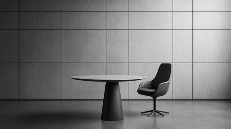 Modern interior, gray wall with table and chair, minimalistic design. Dark gray background for decoration of your space. Stock photo with 2/3 space for text. --chaos 30 --ar 16:9 --v 6.1 Job ID: 5b8de558-e148-4c0b-8b6a-9a99c8cfccedの素材