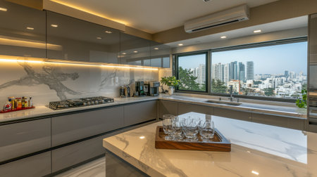 Modern kitchen with grey cabinets and white marble countertop, a long light bar hanging above the island, a tray holding glassware on top of it, and an open window showing a cityscape. --chaos 30 --ar 16:9 --v 6.1 Job ID: 555a4e2b-d1a4-4a77-8684-384f3de03b38の素材
