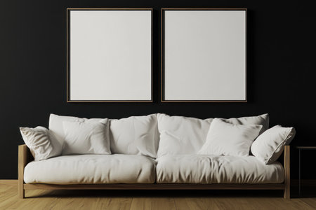 Modern living room interior with a sofa and kitchen, two blank poster frames on the wall, wooden floor, black walls, high-resolution photography. --ar 3:2 --v 6.1 Job ID: d8a237e3-2089-4673-90c8-7428620dee75の素材