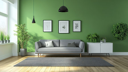 A green wall in the living room, with a grey sofa and a white cabinet near it, a gray carpet on the wooden floor, a black lamp hanging from the ceiling, framed pictures on the walls, plants on side tables, a modern interior design style. --ar 53:30 --v 6.1 Job ID: 788bfcd3-b51c-4940-a31a-ed3d7461b7c3の素材
