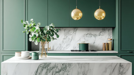 Modern kitchen with a marble countertop, a green and grey color scheme, and eucalyptus in a vase on the island counter, with golden hour lighting. --chaos 30 --ar 16:9 --v 6.1 Job ID: 9257624b-0161-4138-90c7-9d207fd6001cの素材