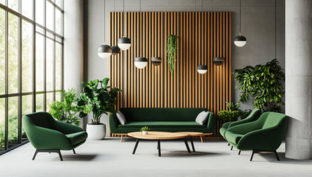 Modern interior design of the waiting area in an office with green chairs, sofa, and wooden screen. The style is Scandinavian, with plants and natural light. The concept is about minimalism and modernity for business spaces. --ar 53:30 --v 6.1 Job ID: 5706bf13-9ee6-46d0-b2ec-39dea672b74eの素材
