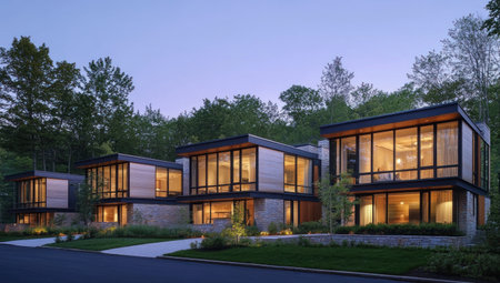 A group of modern glass and wood townhouses with flat roofs, long horizontal windows along the ground level, and an open landscape design in New England at dusk. --ar 53:30 --v 6.1 Job ID: f7d8f1c1-70b6-4098-a8cb-3ac7cc29e60eの素材