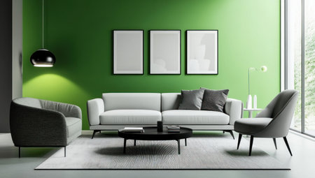 Modern living room with a green accent wall, a grey sofa and armchair, a black coffee table, white walls, framed posters on the wall, soft lighting, and an interior design concept. --ar 53:30 --v 6.1 Job ID: f07fe873-0eda-49c0-8165-9314c2dfcce0の素材