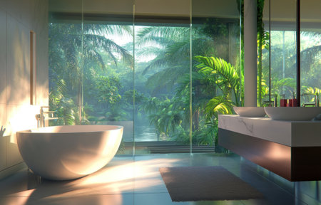 Modern bathroom with white walls, glass windows overlooking the jungle, and an elegant bathtub in front of two floating sink stands. Hyper-realistic rendering, soft lighting, neutral tones, high-resolution photography, and an architectural magazine style. --ar 47:30 --v 6.1 Job ID: d60bd7ba-7536-4c01-8ae8-6a61a6e2fefcの素材