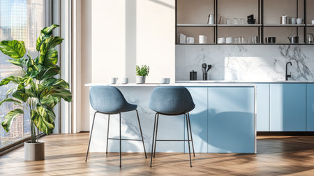 A kitchen with light blue cabinets and white marble countertop, featuring an island bar for two chairs, a plant in the corner of one cabinet, some cups on top of shelves, glass doors above for storage, and dark wood flooring. The background is a bright room with sunlight streaming through windows. This scene captures the modern aesthetic of contemporary interior design. --chaos 30 --ar 16:9 --v 6.1 Job ID: 6b16c91a-ccb6-4419-b037-5081b29ac335の素材