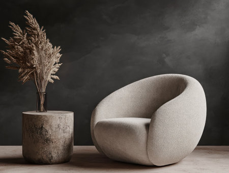 Modern interior design with an armchair and side table against a dark wall background, 3D rendering mock-up template for home decor product presentation, a grey color scheme, a minimalist interior design concept, with copy space. --ar 4:3 --v 6.1 Job ID: 89a4f30c-0909-43bb-9105-8b9d5e1bf692の素材
