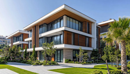 Modern architecture with large windows and wooden accents, showcasing the exterior of an apartment building in Antalya's KonyaaltÄ± district. The photo captures the contemporary design elements that highlight luxury living within its sleek white walls, with a focus on the facade. --ar 53:30 --v 6.1 Job ID: c06fe182-5a65-405c-9695-f511fb1e350aの素材