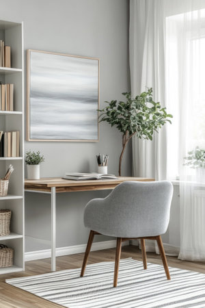 Minimalist Scandinavian interior with light gray wall, white bookcase, and wooden desk in front of it. A striped carpet covers the floor, and a gray chair sits near the desk. A large canvas painting hangs above the table, and the room features wooden parquet flooring. Close-up shot, photography. --ar 2:3 --v 6.1 Job ID: 073a8ef7-38a7-4b98-ba94-c0768e00b23cの素材