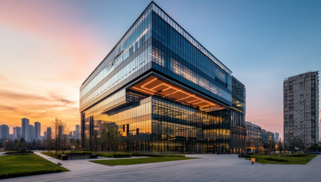 Modern office building exterior with glass windows and sky reflection. Modern architecture concept, business center in cityscape at sunset. Wide-angle view. Copy space, high quality. --ar 53:30 --v 6.1 Job ID: bec572bc-c587-4799-9ce2-06b2ca089d4bの素材