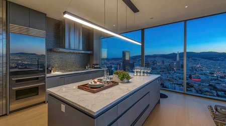 Modern kitchen with grey cabinets and white marble countertop, a long light bar hanging above the island, a tray holding glassware on top of it, and an open window showing a cityscape. --chaos 30 --ar 16:9 --v 6.1 Job ID: 555a4e2b-d1a4-4a77-8684-384f3de03b38の素材