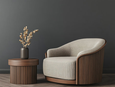 Modern interior design with an armchair and side table against a dark wall background, 3D rendering mock-up template for home decor product presentation, a grey color scheme, a minimalist interior design concept, with copy space. --ar 4:3 --v 6.1 Job ID: 89a4f30c-0909-43bb-9105-8b9d5e1bf692の素材