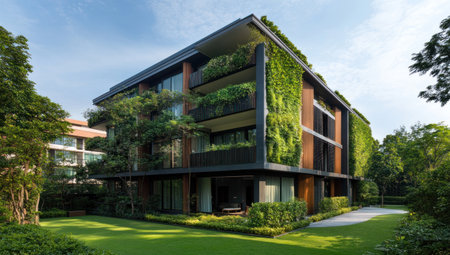 Green living wall on the exterior of a modern apartment building with lush greenery, a sustainable and eco-friendly architecture concept. --ar 53:30 --v 6.1 Job ID: 323461b1-5650-41d2-87fe-e67adb77ef90の素材