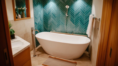 Modern bathroom with herringbone wall tiles in blue and green colors, a bathtub on the left side of the frame, and a minimalist interior design concept. --chaos 30 --ar 16:9 --v 6.1 Job ID: 3974badd-83b8-4909-bc7e-a8d3da4a2e65の素材