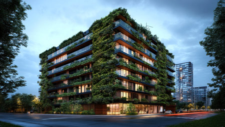 A green living wall adorns the exterior of a modern apartment building, showcasing a sustainable architecture concept. Green terraces and balconies provide an eco-friendly urban living experience in the city. --ar 53:30 --v 6.1 Job ID: e3543218-aaf3-4909-9aab-2b5b5c0c39caの素材