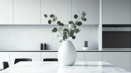 Modern kitchen with a marble countertop, a white and grey color scheme, soft lighting, a close-up of the center island with an elegant vase holding eucalyptus leaves, modern cabinetry in light gray tones, stainless steel appliances, green plants adding life to the space, and modern dining chairs around the table. --chaos 30 --ar 16:9 --v 6.1 Job ID: 4a883fa5-b975-4634-bea5-d1a7c412bb50の素材