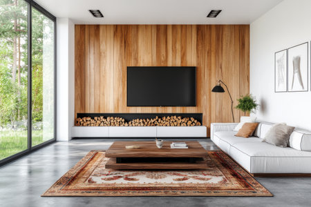 Modern living room with wooden paneling on the wall, white walls, and a grey concrete floor. A large TV is positioned in front of a sofa. A colorful decorative rug is placed under the coffee table. A wood-burning fireplace with a stack of firewood beside it is present. Bright lighting from a ceiling lamp hanging above the coffee table illuminates the space. Windows provide an outdoor view. --ar 3:2 --v 6.1 Job ID: 9fb12ef5-b279-438e-a1d5-18f82ef3409cの素材