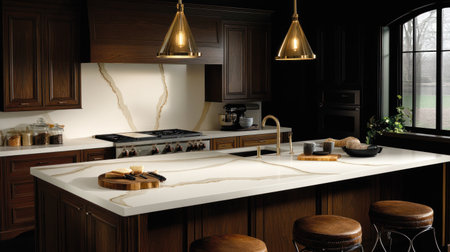 Modern kitchen with a marble countertop, a white and wood color scheme, minimalist design elements, barstools for seating, pendant lights above the island, wooden cabinets on one side of the wall, and kitchen props including cooking utensils and ingredients. --chaos 30 --ar 16:9 --v 6.1 Job ID: 1901b3dc-a328-4fcc-b1e0-359dde7481aaの素材