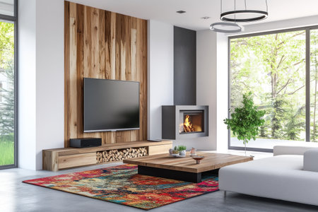 Modern living room with wooden paneling on the wall, white walls, and a grey concrete floor. A large TV is positioned in front of a sofa. A colorful decorative rug is placed under the coffee table. A wood-burning fireplace with a stack of firewood beside it is present. Bright lighting from a ceiling lamp hanging above the coffee table illuminates the space. Windows provide an outdoor view. --ar 3:2 --v 6.1 Job ID: 9fb12ef5-b279-438e-a1d5-18f82ef3409cの素材