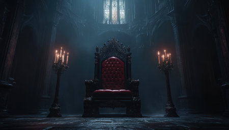 A dark throne room with an ornate, intricately carved black wooden throne in the center of the frame. The red leather chair is centered and features gothic architectural elements. On each side, there are two tall candlesticks on top of it. Cinematic lighting. Created in Unreal Engine 5. Dark fantasy setting. --ar 53:30 --v 6.1 Job ID: c0b4a00a-ef66-4150-a50c-aa40b73a963bの素材