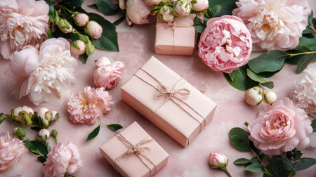 Elegant background with gift boxes and flowers, in a pastel pink color, with space for text, in a minimalistic style, high-resolution photography, high quality. --chaos 30 --ar 16:9 --v 6.1 Job ID: 12cdda37-c257-4b2a-ae3b-b0e83dde0f8fの素材