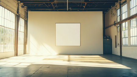 A large white wall in an empty warehouse with high ceilings and large windows, with sunlight streaming through the windows onto the floor. The space is clean and minimalist, perfect for showcasing artwork or photography. A square blank canvas hangs on one of the walls, ready to be painted by artists who will add color and life to it. In the background, there's another open door leading outside, adding depth to the scene. This is a great setting for artistic events or photoshoots that need a neutral backdrop. --ar 53:30 --v 6.1 Job ID: fdb58cdc-0701-48ca-a246-03a73fe055ffの素材