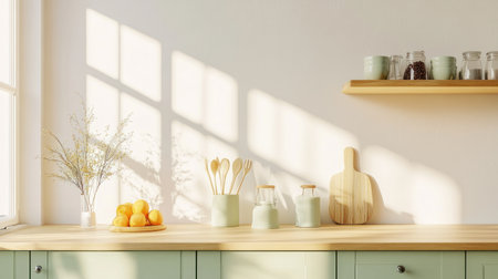 Minimalist kitchen countertop with light green cabinets and a wooden surface, featuring pastel-colored utensils, vases for fruit or flowers, against a plain cream wall. The scene is captured in a close-up shot with a shallow depth of field to emphasize the central composition. This image will be used as an interior design background, providing an ideal setting for product display mockups or special event decorations. --chaos 30 --ar 16:9 --v 6.1 Job ID: 7ebf72bf-e34c-4f75-9f08-bfce2d3e42aaの素材