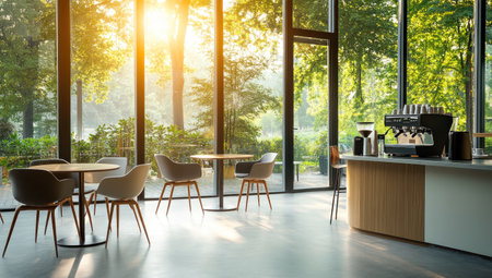 Elegant cafÃ© interior with large windows, showcasing modern chairs and tables arranged in an open-space design. The bright sunlight bathes the room in warm light, highlighting the clean lines of the furniture against the backdrop of lush green trees outside. A sleek coffee machine stands on one side as part of the minimalist decor. --ar 53:30 --v 6.1 Job ID: 618338c2-96e8-4204-acd5-eda54bbf2533の素材