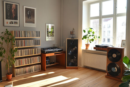 Interior of a modern apartment with a wooden floor, vintage furniture and decor, a rack, vinyl records on the wall, light grey walls, a wooden desk in the corner, plants, and a window. --ar 3:2 --v 6.1 Job ID: dfeefa9e-f949-492b-9b52-16df4d6b8fb3の素材