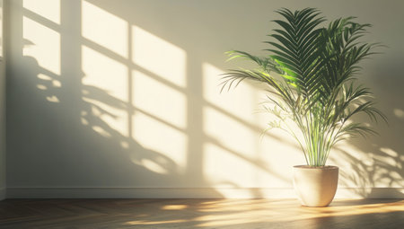 Empty room with a wooden floor and a plant in a pot on a white wall background. Realistic 3D rendering of a bright interior design with copy space, bright sunlight, shadows, natural light, highly detailed, sharp focus, cinematic, photorealistic, in the style of Blender. --ar 53:30 --v 6.1 Job ID: b45b7648-0c30-417f-9391-1bdba4ce685fの素材