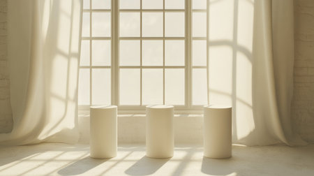 Minimal abstract background for product presentation, beige color with three white cylindrical podiums and soft shadows from the window, soft lighting, empty space, high-resolution photography. --chaos 30 --ar 16:9 --v 6.1 Job ID: a06b497b-dc84-4835-a4fc-b0c0a58cad60の素材