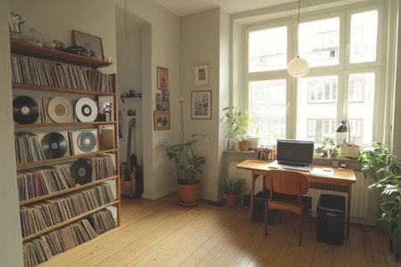 Interior of a modern apartment with a wooden floor, vintage furniture and decor, a rack, vinyl records on the wall, light grey walls, a wooden desk in the corner, plants, and a window. --ar 3:2 --v 6.1 Job ID: 6747f2a3-488a-4657-9099-3681e7fcde61の素材