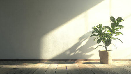 Empty room with a wooden floor and a plant in a pot on a white wall background. Realistic 3D rendering of a bright interior design with copy space, bright sunlight, shadows, natural light, highly detailed, sharp focus, cinematic, photorealistic, in the style of Blender. --ar 53:30 --v 6.1 Job ID: b45b7648-0c30-417f-9391-1bdba4ce685fの素材