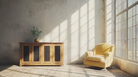 A golden wooden cabinet with black doors stands against the white wall, and next to it is an armchair in a light yellow color. The interior of a minimalist style features natural lighting and shadows, creating a cozy atmosphere. A plant or vase can be placed on top of the sideboard for decor. This is a wide-angle shot with low contrast, high-resolution photography, hyper-realistic, cinematic, and professional color grading. --chaos 30 --ar 16:9 --v 6.1 Job ID: 56037a48-5496-4806-91c4-ed4c94c6c4deの素材