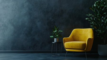 Modern interior, gray wall with table and chair, minimalistic design. Dark gray background for decoration of your space. Stock photo with 2/3 space for text. --chaos 30 --ar 16:9 --v 6.1 Job ID: 5b8de558-e148-4c0b-8b6a-9a99c8cfccedの素材