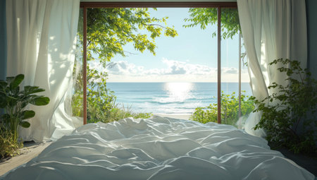 A large window in the bedroom opens to an ocean view, and green plants grow outside it. The bed is covered with white sheets, and there's no one lying on them. Realistic photography style, in the style of Realistic photography. --ar 53:30 --v 6.1 Job ID: 914bd5bd-3de1-4c10-a18f-9ceca4227cdcの素材