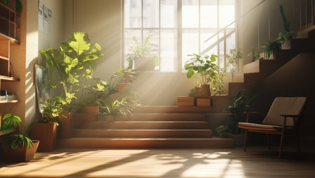 In the living room of an apartment in Japan, there is sunlight shining through large windows and plants on both sides of the wooden staircase steps. The scene has a warm color tone, creating a comfortable atmosphere. There is also a chair placed by one window, adding to its homey feel. --ar 53:30 --v 6.1 Job ID: 9e8a28dc-11c1-4014-8267-8bdc890016b7の素材