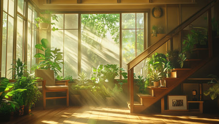 In the living room of an apartment in Japan, there is sunlight shining through large windows and plants on both sides of the wooden staircase steps. The scene has a warm color tone, creating a comfortable atmosphere. There is also a chair placed by one window, adding to its homey feel. --ar 53:30 --v 6.1 Job ID: 9e8a28dc-11c1-4014-8267-8bdc890016b7の素材
