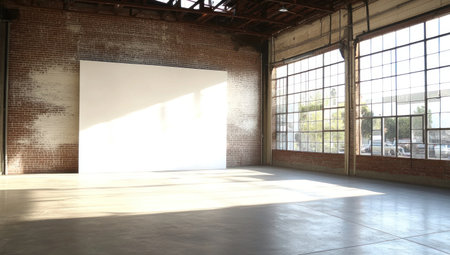 A large white wall in an empty warehouse with high ceilings and large windows, with sunlight streaming through the windows onto the floor. The space is clean and minimalist, perfect for showcasing artwork or photography. A square blank canvas hangs on one of the walls, ready to be painted by artists who will add color and life to it. In the background, there's another open door leading outside, adding depth to the scene. This is a great setting for artistic events or photoshoots that need a neutral backdrop. --ar 53:30 --v 6.1 Job ID: fdb58cdc-0701-48ca-a246-03a73fe055ffの素材