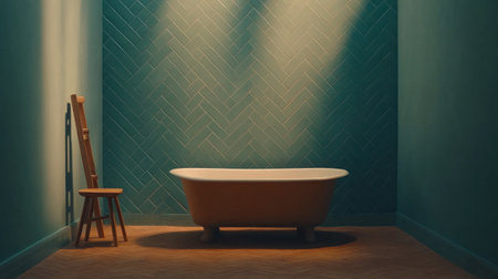 Modern bathroom with herringbone wall tiles in blue and green colors, a bathtub on the left side of the frame, and a minimalist interior design concept. --chaos 30 --ar 16:9 --v 6.1 Job ID: 3974badd-83b8-4909-bc7e-a8d3da4a2e65の素材